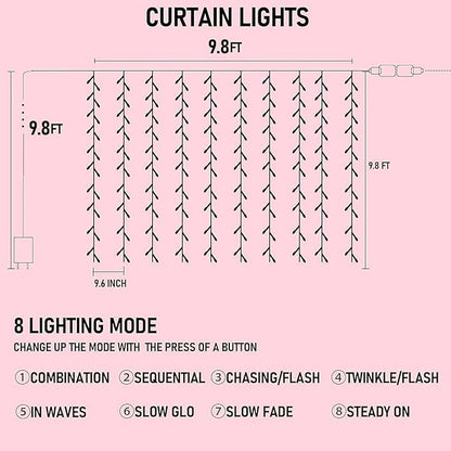Dazzle Bright 300 LED Curtain String Lights, Valentine's Day Fairy Lights - Image 2