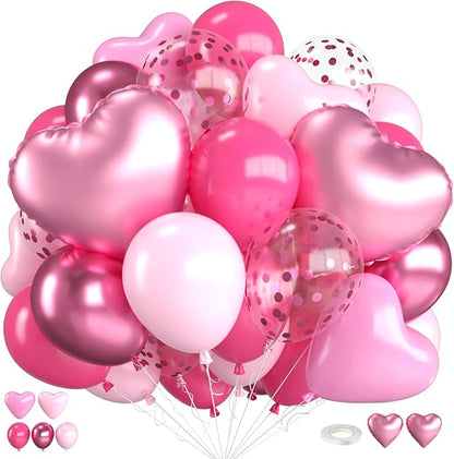 Pink Balloons, 12 Inch Metallic Hot Pink Magenta Pink Heart Balloons by FEYG