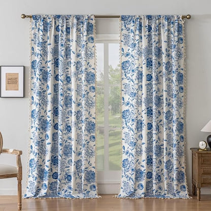 F-CHU Blue Floral Farmhouse Curtains Living Room Drapes 84 Inch Length Cotton - Image 2