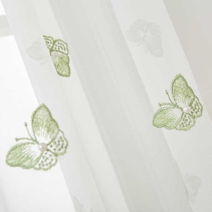 White Sheer Voile Curtains Green Embossed Butterflies 84 Inches | Light - Image 3