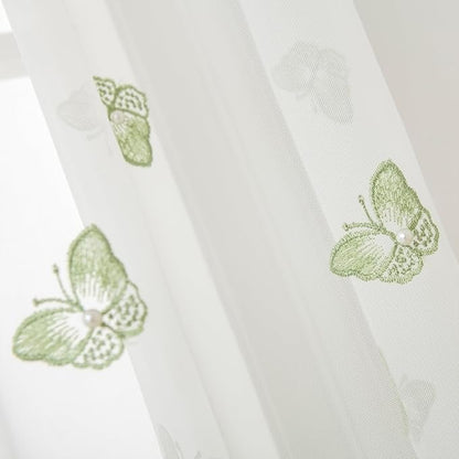 White Sheer Voile Curtains Green Embossed Butterflies 84 Inches | Light - Image 3