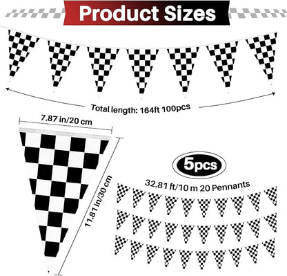 Black and White Checkered Pennant Banner | 5PCS Race car party banners - Image 3