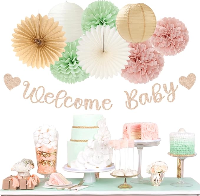 Sage-Green Pink-Beige Baby-Shower Party-Decorations - Image 5