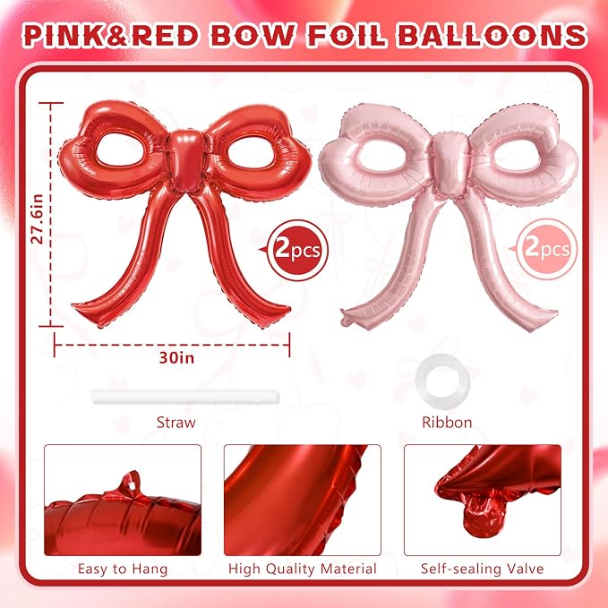 4 Pcs Red and Pink Bow Balloons Bow Party Decorations - Image 2