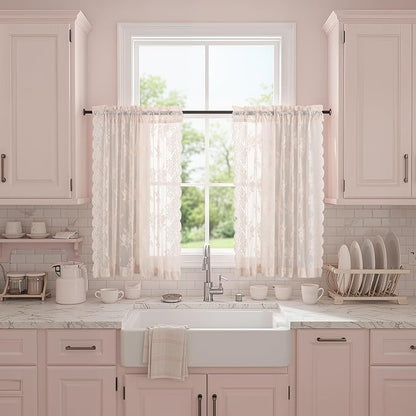 Kotile Blush Pink Lace Curtains Country Floral W42 x L36 Inch, 2 Panels | Rod by Kotile+Curtains