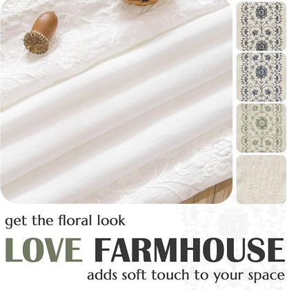 jinchan Floral Linen Curtains Embroidered Back Tab 50x90in 2 Panels White | - Image 5