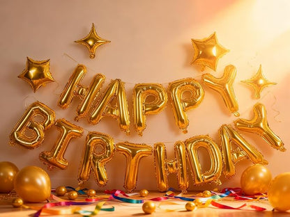 Gold Happy Birthday Banner Balloon Aluminum Foil 16 Inch Letter, 10 Inch Five - Image 3