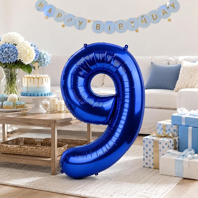 40 Inch Navy Blue Numbers 9 Balloons, Large Self Inflating Dark Blue Digital 9 by KAINSY