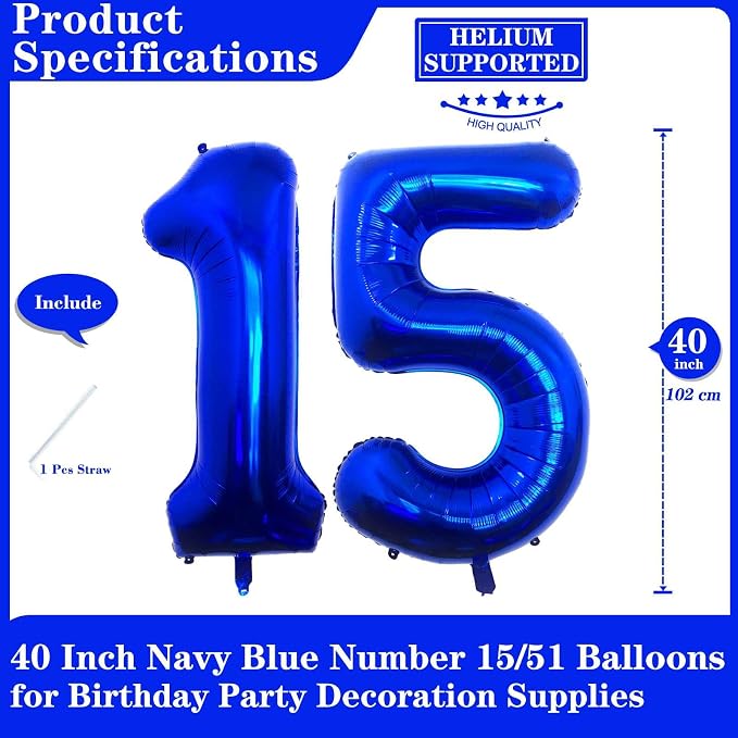 Navy Blue 15 Number Balloons, 40 Inch Giant Number 15 Balloons Foil Mylar - Image 2