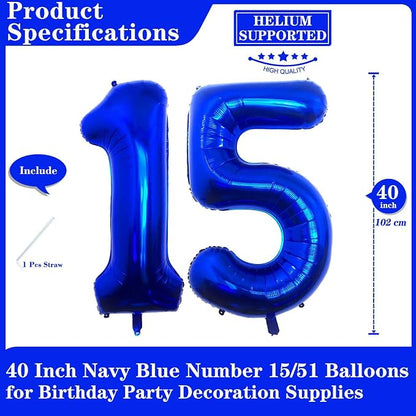 Navy Blue 15 Number Balloons, 40 Inch Giant Number 15 Balloons Foil Mylar - Image 2
