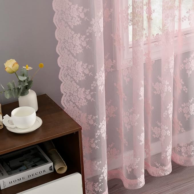 Kotile Pink Sheer Curtains for Girls Bedroom Rustic Floral 52x84 Inch 2 Pcs | - Image 6