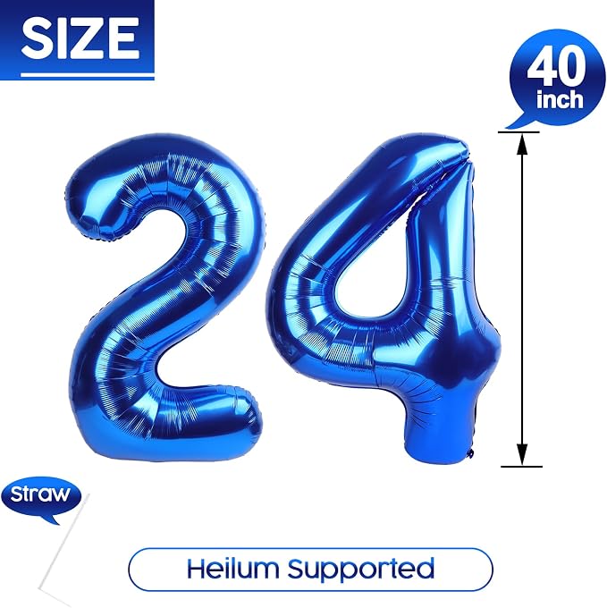 24 Balloon - Metallic Blue Birthday Number Balloons, 40 Inch Decorations | - Image 5