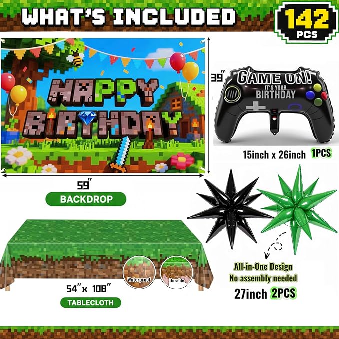 Pixel Game Birthday Party Decorations, Tablecloth, Foil Balloons, Fringe Curtain - Image 2