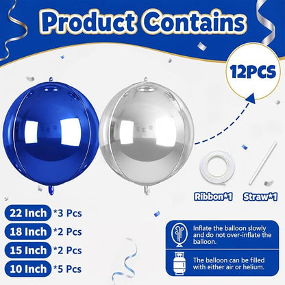 12Pcs Silver Blue Round Foil Balloons, Metallic Silver and Blue Large Balloons - Image 2