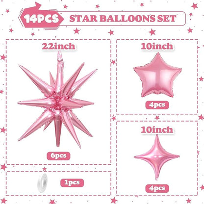 14pcs Pink Star Balloons, Mixed Star Foil Balloon, 22Inch Explosion Stars - Image 2