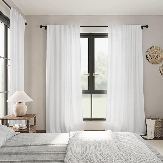 White Semi Sheer Linen Curtains 92 inch Length - Image 2