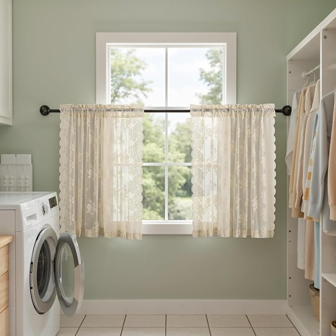 Kotile Beige Lace Kitchen Curtains Country Floral W42 x L36 Inch, 2 Panels | - Image 5