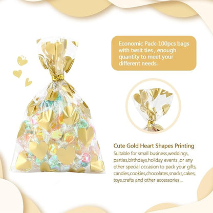 COQOFA 100 Pcs 5x7 IN Gold Heart Cello Cellophane Gift Bags - Image 3