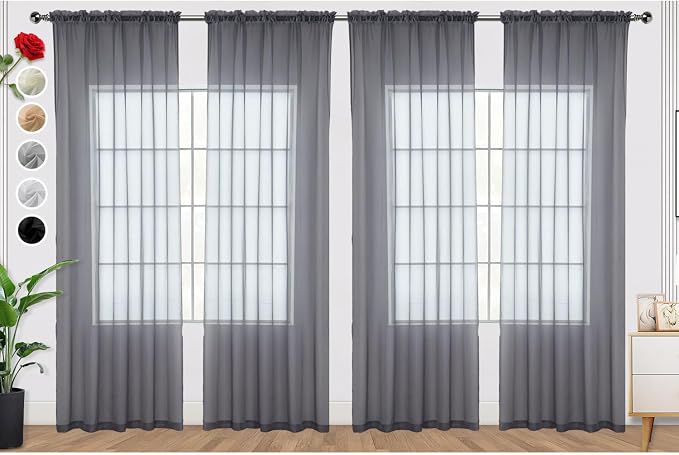 SpaceDresser Grey Sheer Curtains 4 Panels Rod Pocket Semi-Sheer Curtain 108 by SpaceDresser