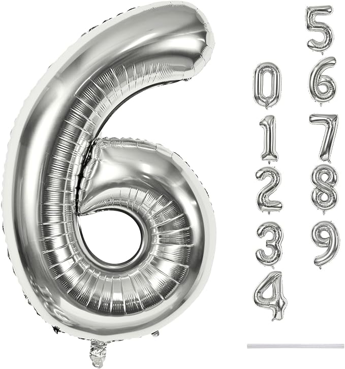 40" Silver Number 6 Balloon for Girls Boys, Large Self Inflating Helium Foil by Lingqiang