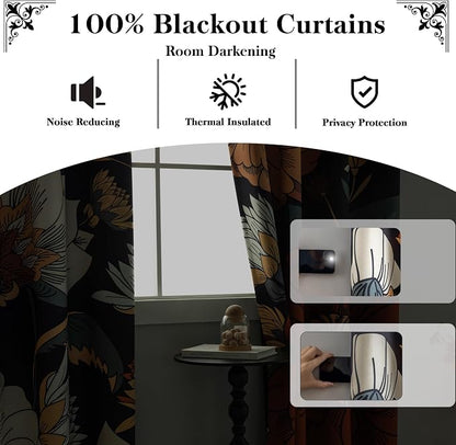 Tyrot 100% Blackout Black Boho Floral Curtains 108 Inches Extra Long - Image 2