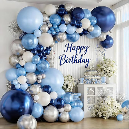 Navy Light Metallic Blue Silver White Balloons Arch Kit 129 Pcs | Baby Shower by Vanjehou