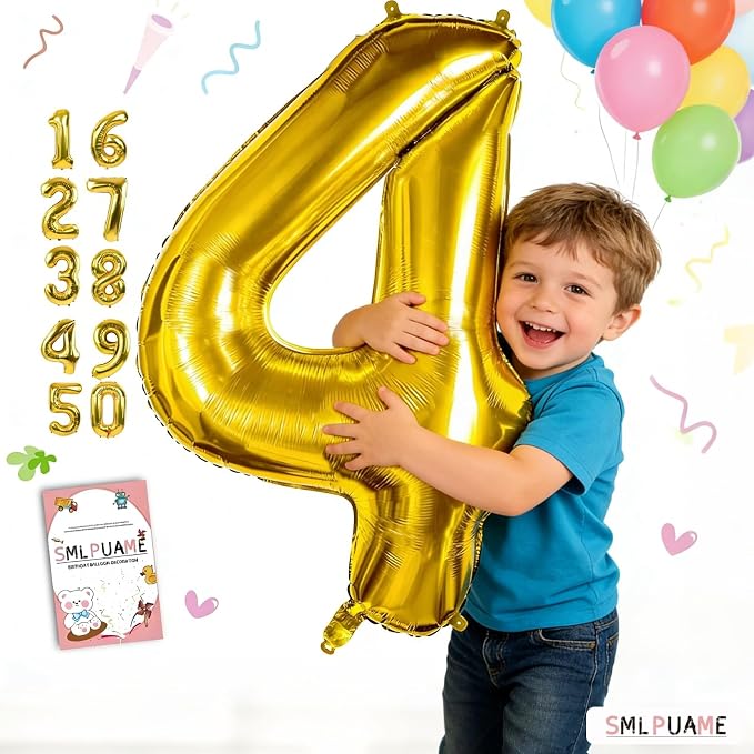 40 Inch Gold Number 4 Balloon, 4th Birthday Decoration Boys Girls | Large Self - Image 2