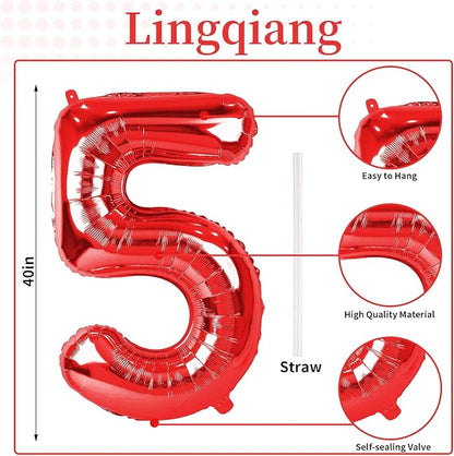 40 Inch Red Large Numbers Balloons 0-9, Self Inflating Foil Number 5 Helium - Image 2