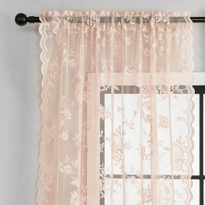 Blush Pink Lace Curtains 108 Inches Long 2 Panels Romantic Floral Sheer Curtains - Image 3