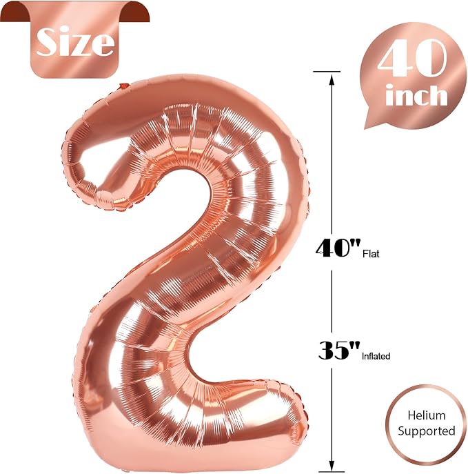 Rose Gold Number 2 Balloon 40 Inch, 2nd Birthday Decorations Men Women | Foil - Image 6