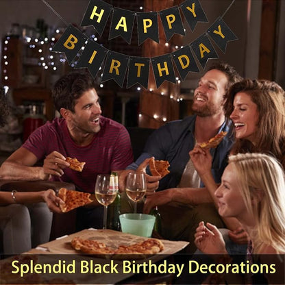 Happy Birthday Banner Black Shiny Gold Letters - Image 2
