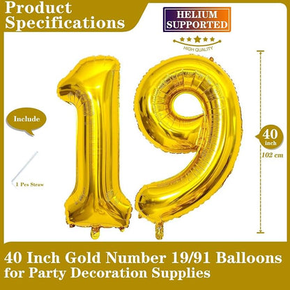Gold 19 Number Balloons, 40 Inch Giant Number 19 Balloons Foil Mylar Helium - Image 2