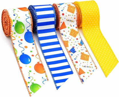Birthday Wired Ribbon Set, 4 Rolls Decorative Party Ribbon by Unknown