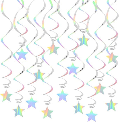 BEISHIDA Silver Stars Iridescent Hanging Swirls Pre-Strung Stars Hanging by Beishida