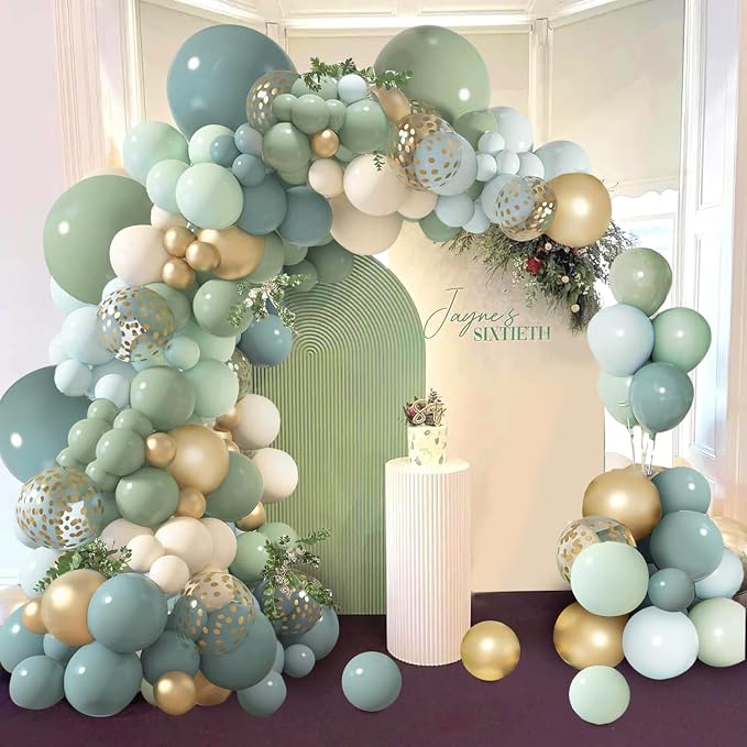 Dusty Blue Sage Green Balloon Arch Kit, Sand White Gold Confetti | Pastel Blue - Image 4