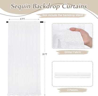 Party Backdrop Curtains 2 Panels 4ftx8ft White Sequin Photo Backdrop Glitter - Image 2