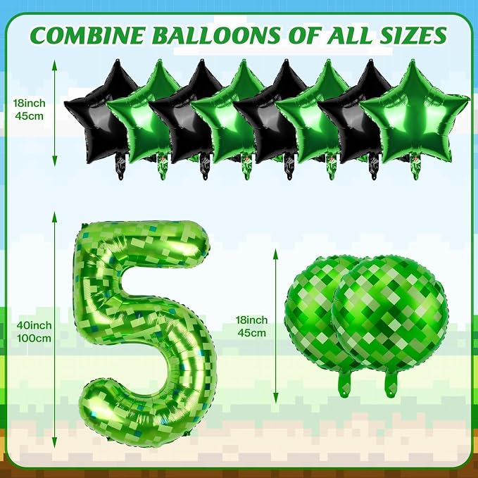 40 Inch Green Pixel Themed Number 5 Balloon Set Foil Balloon - Image 2