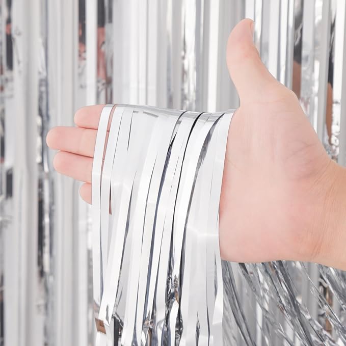 Voircoloria Silver Foil Fringe Backdrop Curtains, 2 Pack | Tinsel Streamers - Image 2