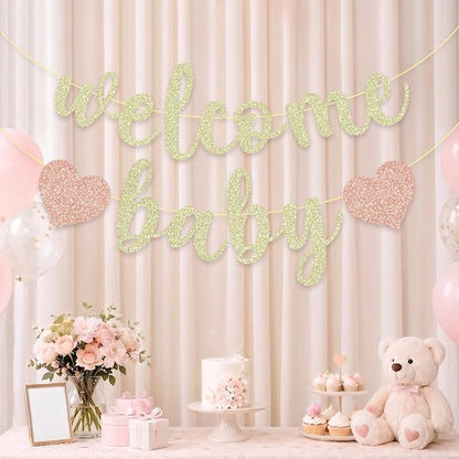 Pre-Strung Welcome Baby Banner | Champagne Gold Glitter Baby Shower Decorations - Image 7