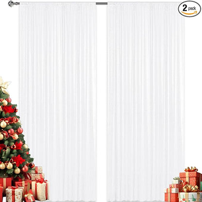 2×8FT-2PCS White Sequin Backdrop Curtains Panels, Photography Backdrop Glitter by Pufogu