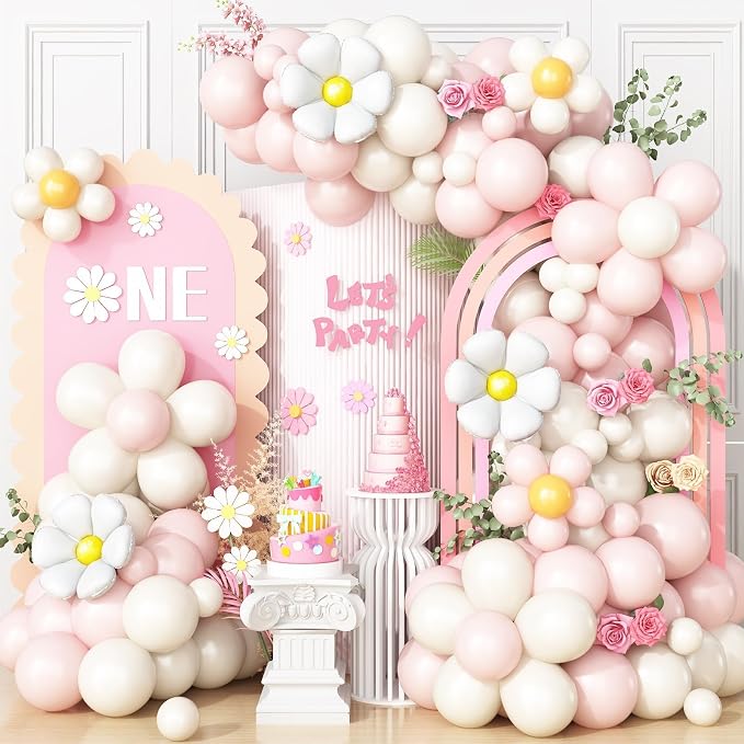 Daisy Balloon Garland Arch Kit, Macaron Pastel Pink Sand White Boho Groovy Party by BTZO