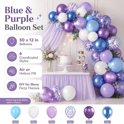 Blue and Purple Balloons Set, Metallic Purple White Latex Ballons Confetti - Image 2
