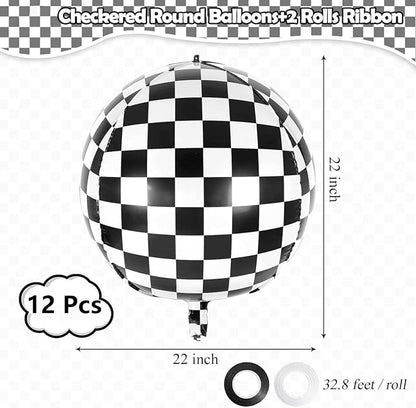 12 Pcs Checkered Balloons, 22 Inch Checkered Round Foil Balloons - Image 2