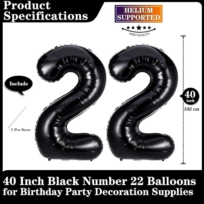 Black 22 Number Balloons, 40 Inch Giant Number 22 Balloons Foil Mylar Helium - Image 2