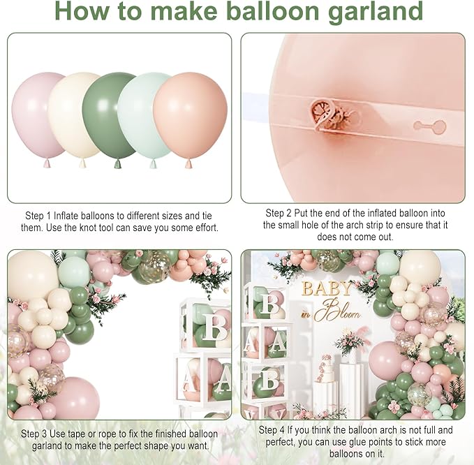 153Pcs Pink and Sage Green Balloon Baby Shower Decorations - Image 3