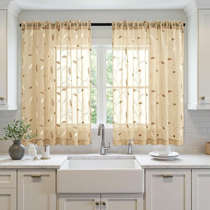 MIULEE Khaki Sheer Curtains 2 Panels Embroidered Leaf Patterned, W52 x L54 | - Image 2