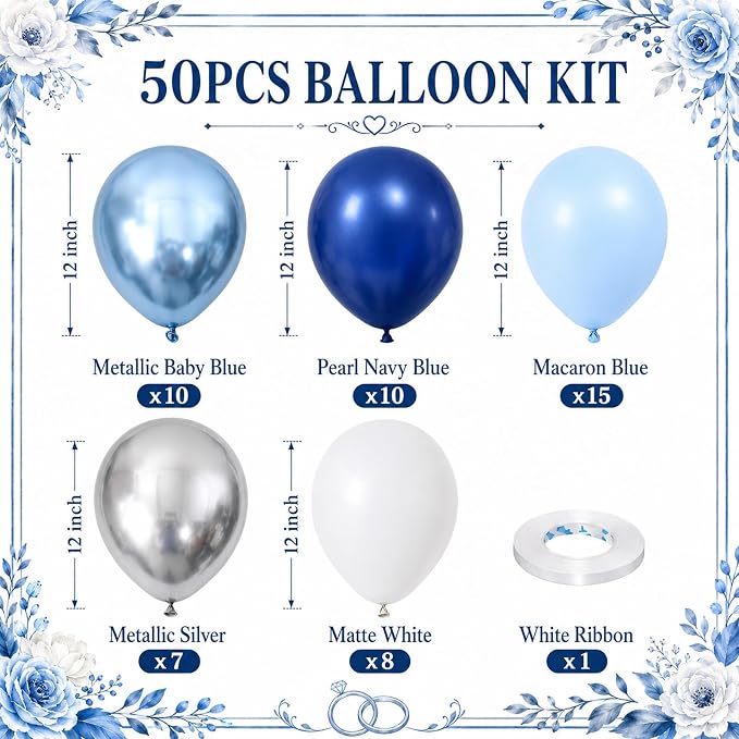 Navy Blue Silver Balloons, 50 Packs 12 Inch Dark Pearl Blue Metallic Light Blue - Image 2