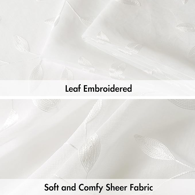 MIULEE Ivory Sheer Curtains 2 Panels Embroidered Leaf Patterned, W52 x L54 | - Image 4