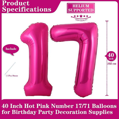Hot Pink 17 Number Balloons, 40 Inch Giant Number 17 Balloons Foil Mylar Helium - Image 2