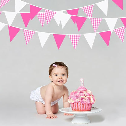 32Ft Hot Pink Party Decorations Pink Buffalo Plaid Checkered White Triangle - Image 4